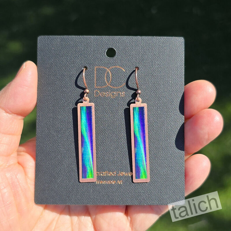 DC Designs - Green Northern Lights Art Print Copper Frame Linear Long Column Earrings - product image 