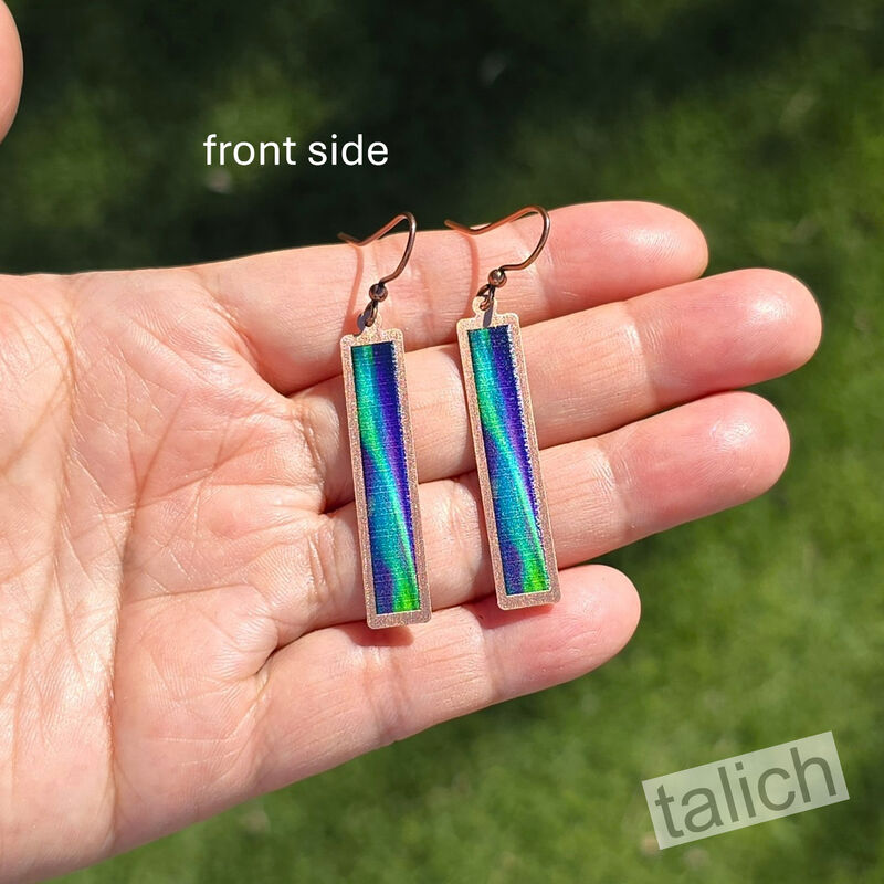 DC Designs - Green Northern Lights Art Print Copper Frame Linear Long Column Earrings - product image 