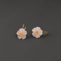 Gold Plated Sterling Silver Carved Pink Rose Quartz Crystal Flower Drop Earrings - product images 4 of 9