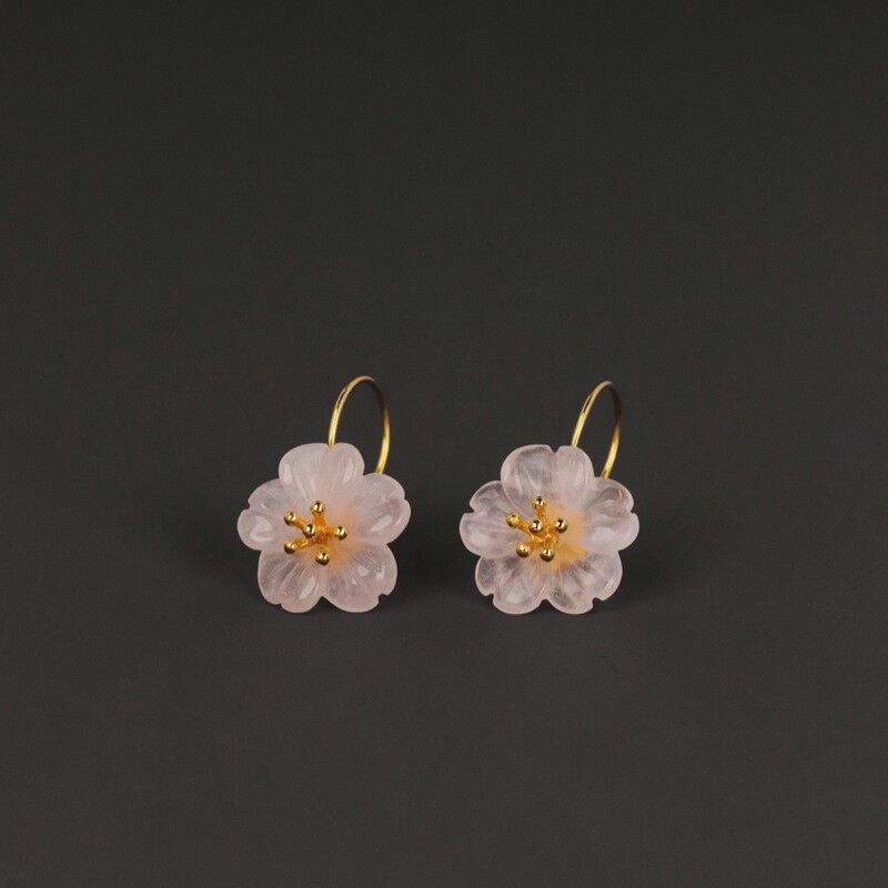 Gold Plated Sterling Silver Carved Pink Rose Quartz Crystal Flower Drop Earrings - product image 