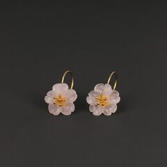 Gold Plated Sterling Silver Carved Pink Rose Quartz Crystal Flower Drop Earrings - product images 5 of 9
