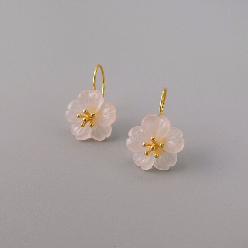 Gold Plated Sterling Silver Carved Pink Rose Quartz Crystal Flower Drop Earrings - product image 