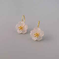 Gold Plated Sterling Silver Carved Pink Rose Quartz Crystal Flower Drop Earrings - product images 6 of 9