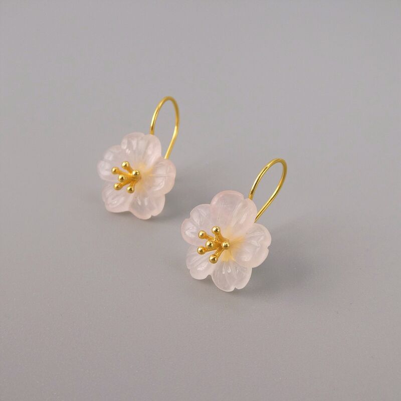 Gold Plated Sterling Silver Carved Pink Rose Quartz Crystal Flower Drop Earrings - product image 