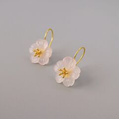 Gold Plated Sterling Silver Carved Pink Rose Quartz Crystal Flower Drop Earrings - product images 7 of 9