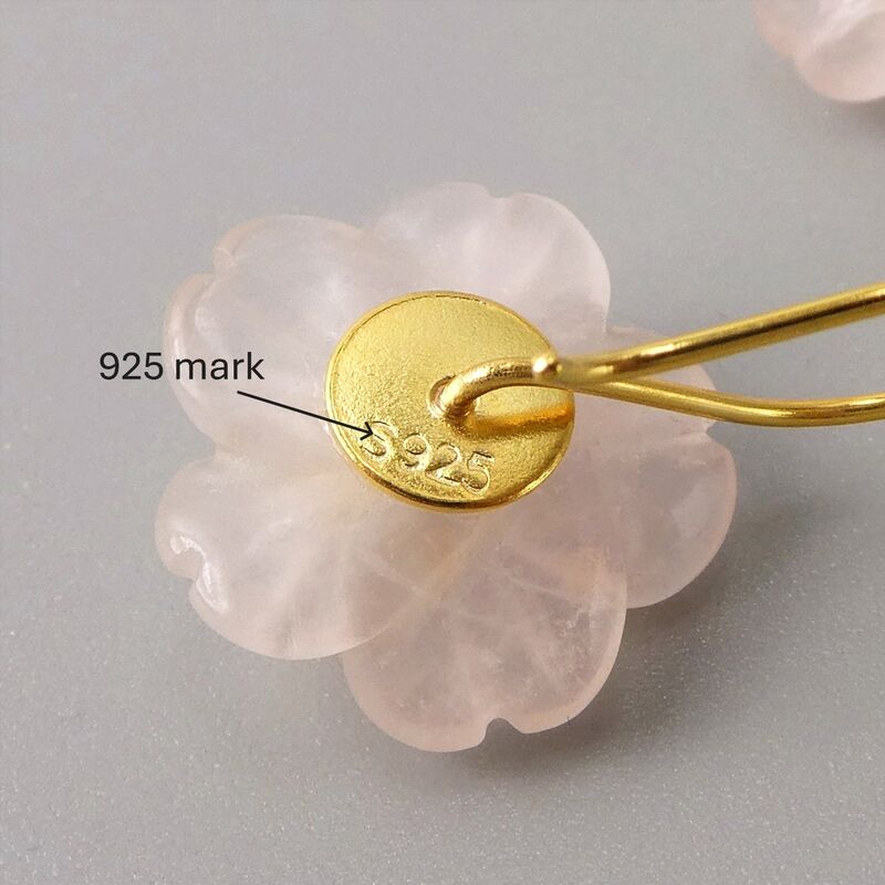 Gold Plated Sterling Silver Carved Pink Rose Quartz Crystal Flower Drop Earrings - product image 