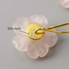 Gold Plated Sterling Silver Carved Pink Rose Quartz Crystal Flower Drop Earrings - product images 9 of 9