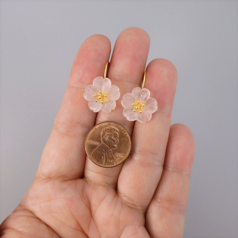 Gold Plated Sterling Silver Carved Pink Rose Quartz Crystal Flower Drop Earrings - product image 