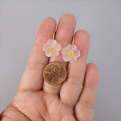 Gold Plated Sterling Silver Carved Pink Rose Quartz Crystal Flower Drop Earrings - product images 8 of 9