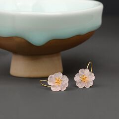 Gold Plated Sterling Silver Carved Pink Rose Quartz Crystal Flower Drop Earrings - product images 3 of 9