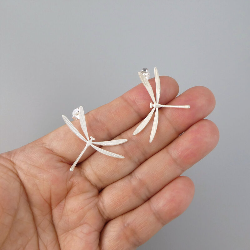 Gold Plated or Sterling Silver Large Dragonfly Sideways Stud Earrings - product image 