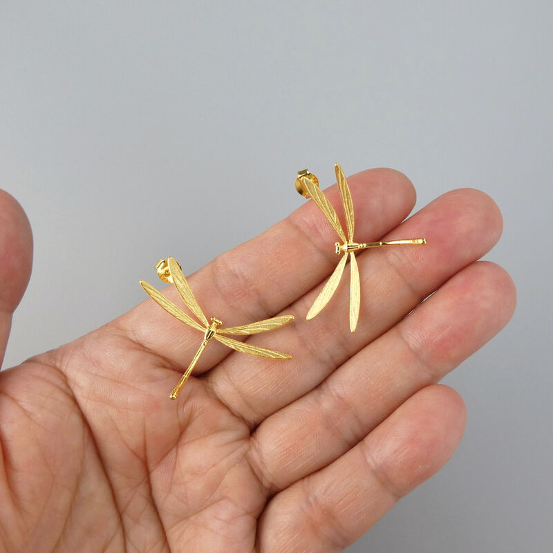 Gold Plated or Sterling Silver Large Dragonfly Sideways Stud Earrings - product image 