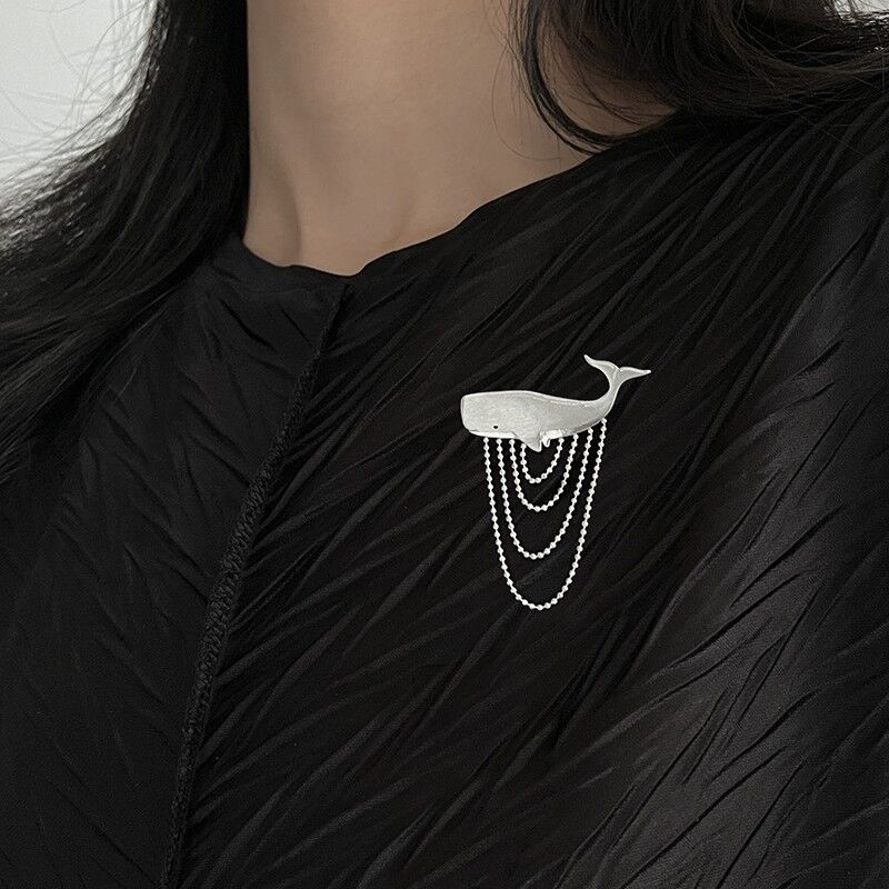 Gold Plated Sterling Silver Whale Brooch with Ball Chain Fringe - product image 