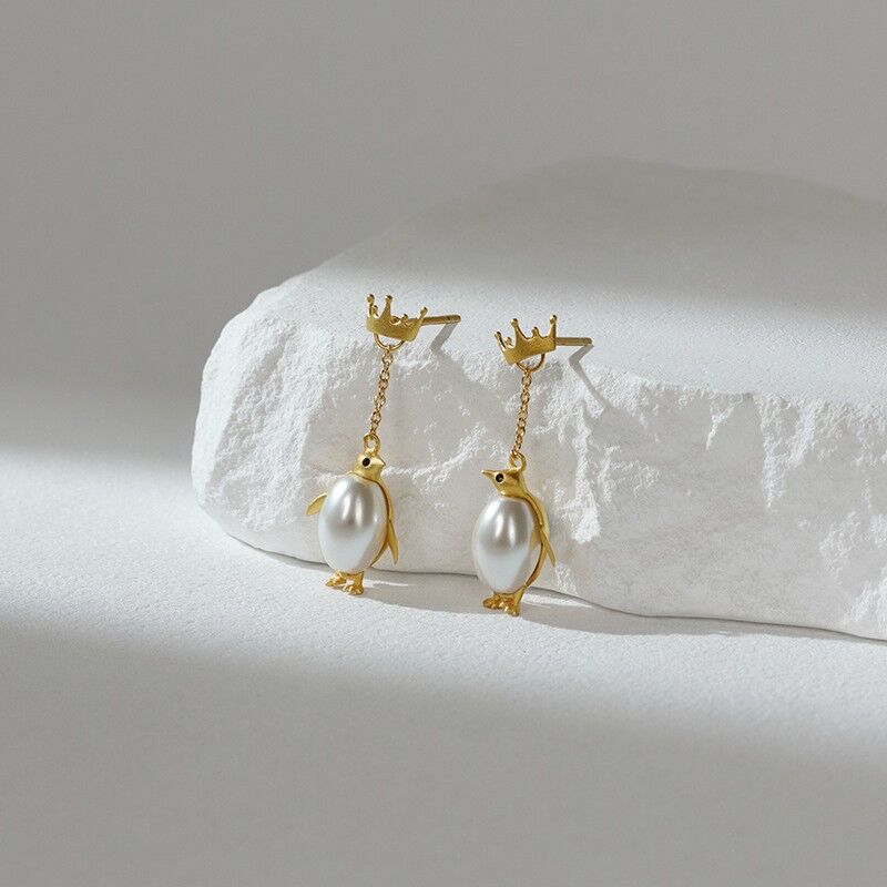Gold Plated or Sterling Silver Pearl Belly Emperor Penguin Ear Jacket Earrings - product image 