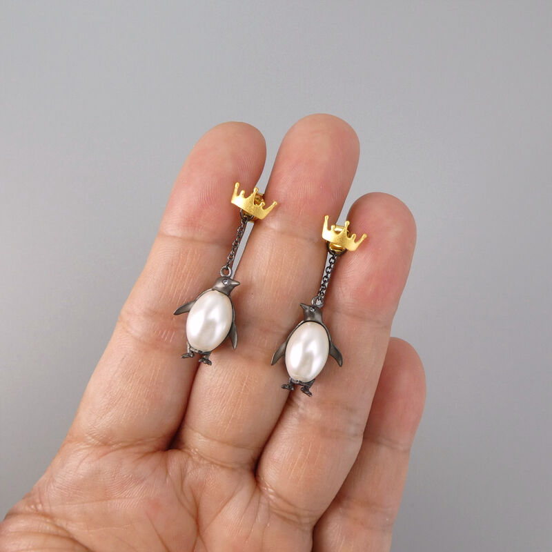 Gold Plated or Sterling Silver Pearl Belly Emperor Penguin Ear Jacket Earrings - product image 
