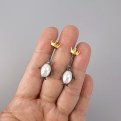 Gold Plated or Sterling Silver Pearl Belly Emperor Penguin Ear Jacket Earrings - product images 5 of 11