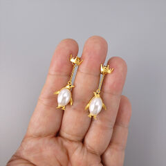 Gold Plated or Sterling Silver Pearl Belly Emperor Penguin Ear Jacket Earrings - product images 6 of 11