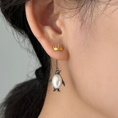 Gold Plated or Sterling Silver Pearl Belly Emperor Penguin Ear Jacket Earrings - product images 3 of 11