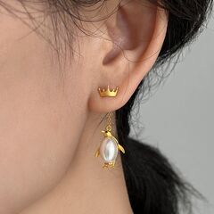 Gold Plated or Sterling Silver Pearl Belly Emperor Penguin Ear Jacket Earrings - product images 4 of 11