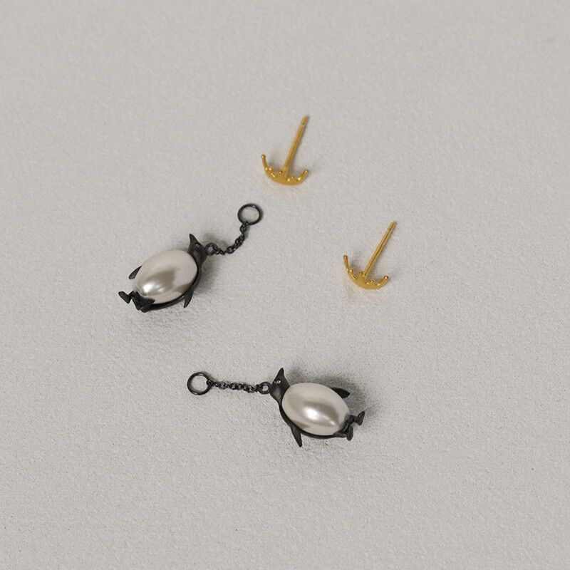 Gold Plated or Sterling Silver Pearl Belly Emperor Penguin Ear Jacket Earrings - product image 