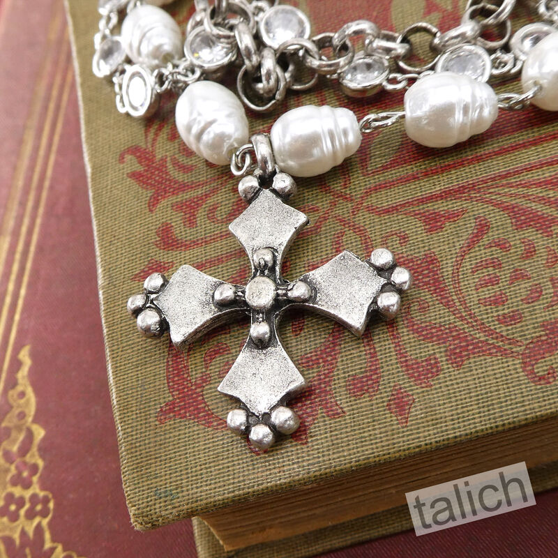 Designer VB&amp;CO French Vintage Cross Pearl Triple Stacked Bracelet in Antique Silver Tone - product image 