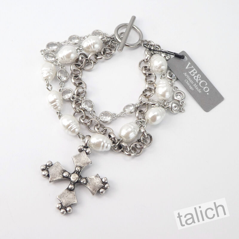 Designer VB&amp;CO French Vintage Cross Pearl Triple Stacked Bracelet in Antique Silver Tone - product image 