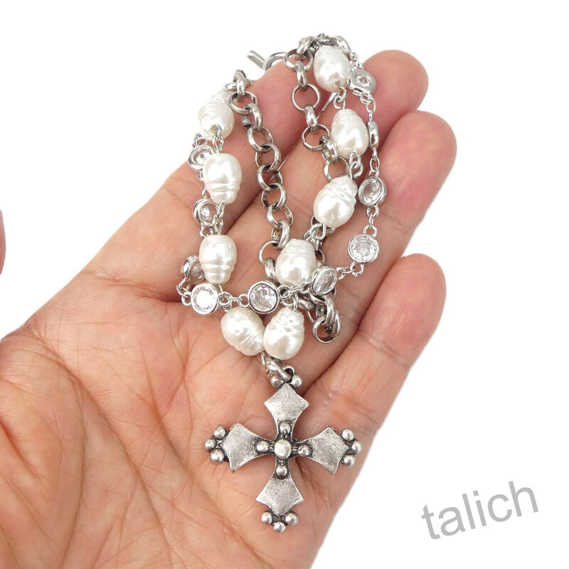 Designer VB&amp;CO French Vintage Cross Pearl Triple Stacked Bracelet in Antique Silver Tone - product image 