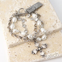 Designer VB&CO French Vintage Cross Pearl Triple Stacked Bracelet in Antique Silver Tone - product images 4 of 7