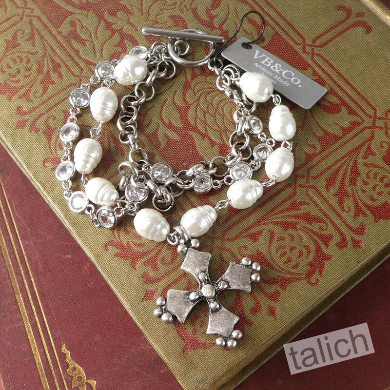 Designer VB&amp;CO French Vintage Cross Pearl Triple Stacked Bracelet in Antique Silver Tone - product image 