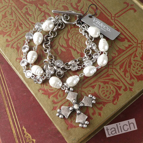 Designer,VB&CO,French,Vintage,Cross,Pearl,Triple,Stacked,Bracelet,in,Antique,Silver,Tone,VB&CO French Vintage Cross Pearl Triple Stacked Bracelet, VB&CO jewelry