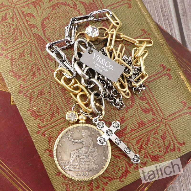 VB&amp;CO American Coin Pendant Long necklace with Cross and Crystal - product image 