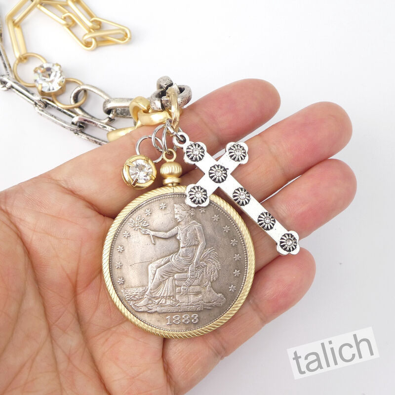VB&amp;CO American Coin Pendant Long necklace with Cross and Crystal - product image 