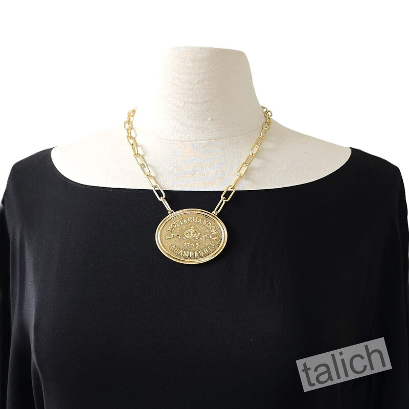 VB&amp;CO Large Champagne Medallion French Coin Statement Necklace in Gold Tone - product image 