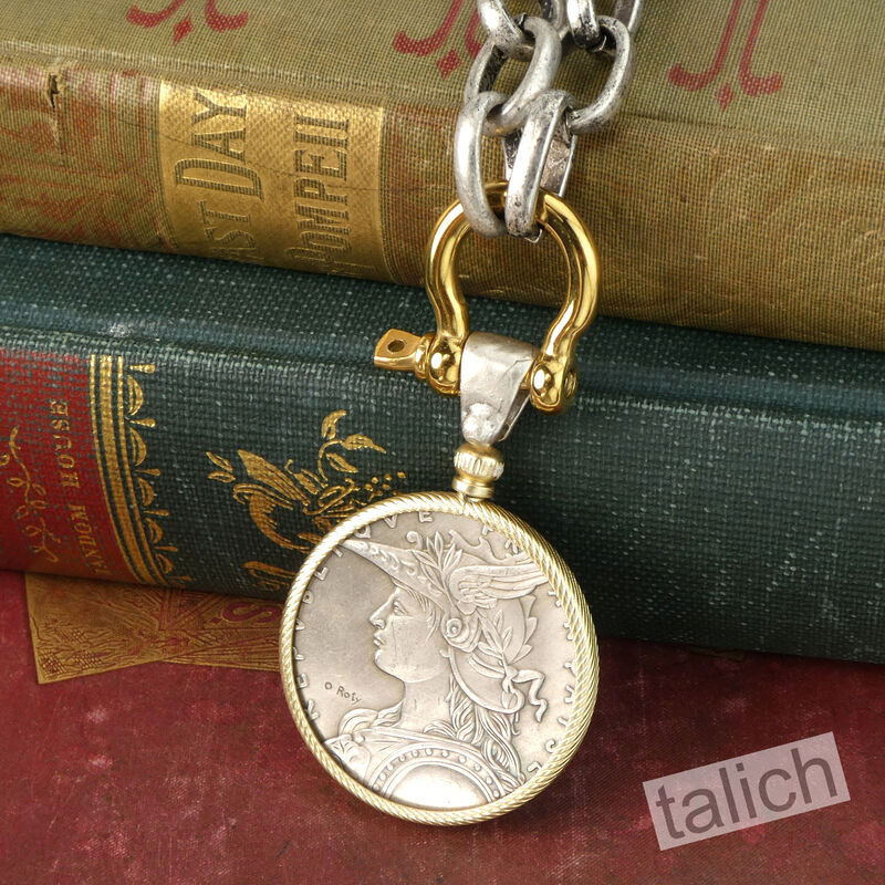 VB&amp;CO Large French Coin Pendant on Chunky Silver Chain Necklace - product image 