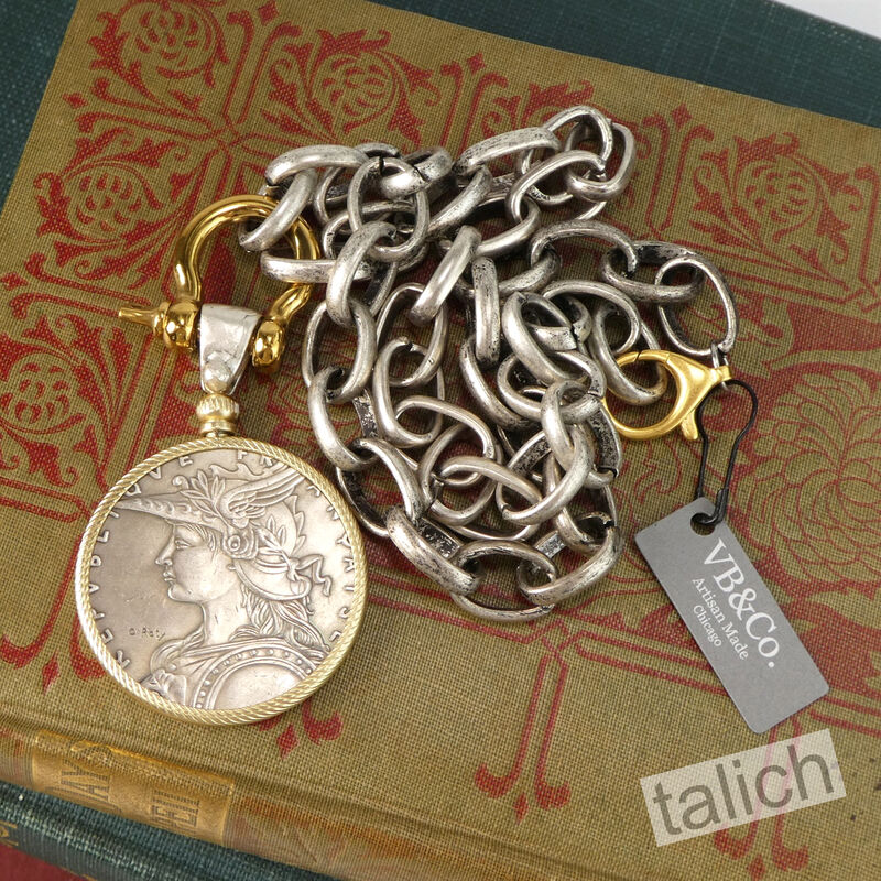 VB&amp;CO Large French Coin Pendant on Chunky Silver Chain Necklace - product image 