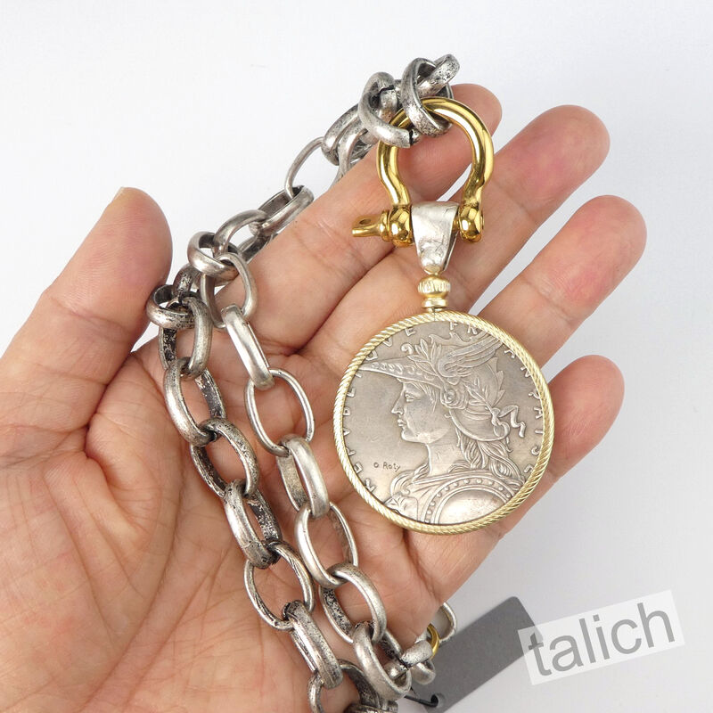 VB&amp;CO Large French Coin Pendant on Chunky Silver Chain Necklace - product image 