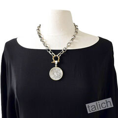 VB&CO Large French Coin Pendant on Chunky Silver Chain Necklace - product images 7 of 9