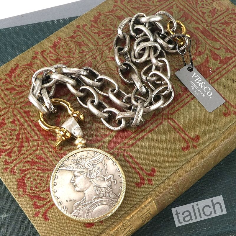 VB&amp;CO Large French Coin Pendant on Chunky Silver Chain Necklace - product image 