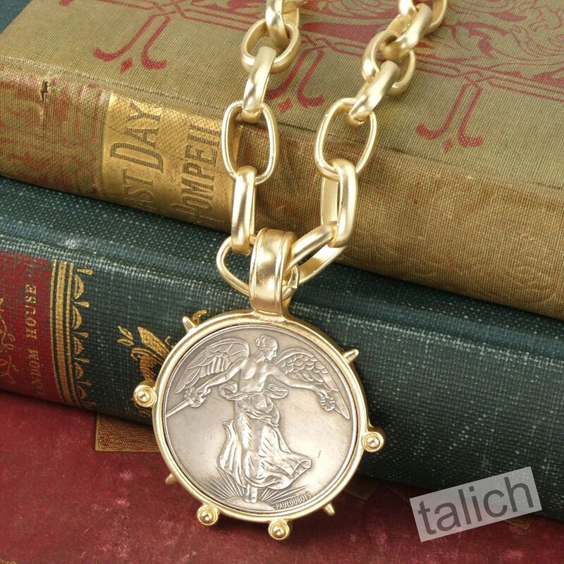VB&amp;CO Large French Angel Coin Medallion on Chunky Chain Necklace in Matte Gold - product image 