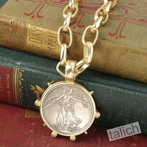 VB&CO,Large,French,Angel,Coin,Medallion,on,Chunky,Chain,Necklace,in,Matte,Gold,VB&CO Large French Angel Coin Medallion on Chunky Chain Necklace in Matte Gold, VB&CO jewelry,  coin necklace
