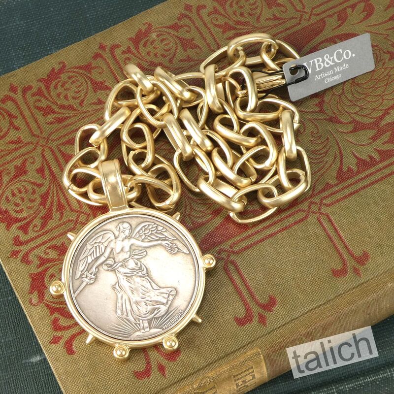 VB&amp;CO Large French Angel Coin Medallion on Chunky Chain Necklace in Matte Gold - product image 