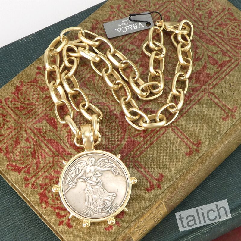 VB&amp;CO Large French Angel Coin Medallion on Chunky Chain Necklace in Matte Gold - product image 
