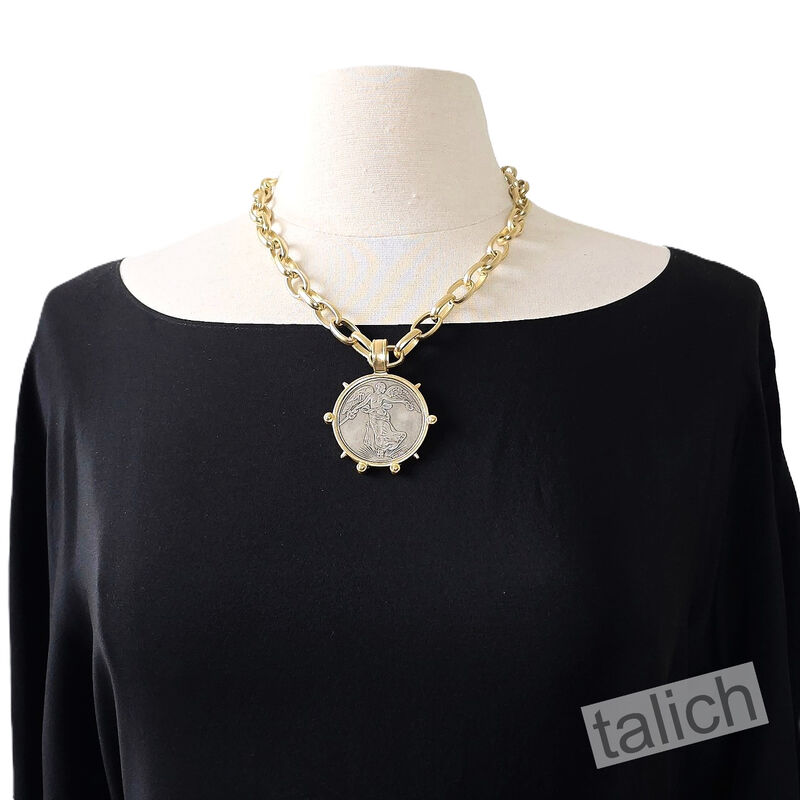 VB&amp;CO Large French Angel Coin Medallion on Chunky Chain Necklace in Matte Gold - product image 