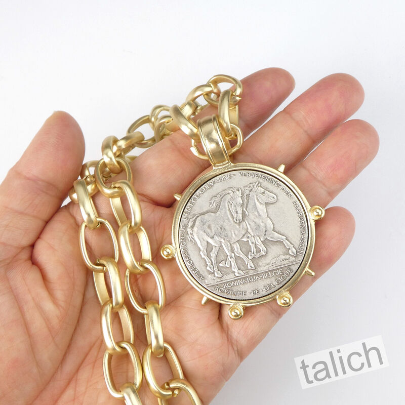 VB&amp;CO Large Antique Horse Coin Medallion on Chunky Chain Necklace in Matte Gold - product image 