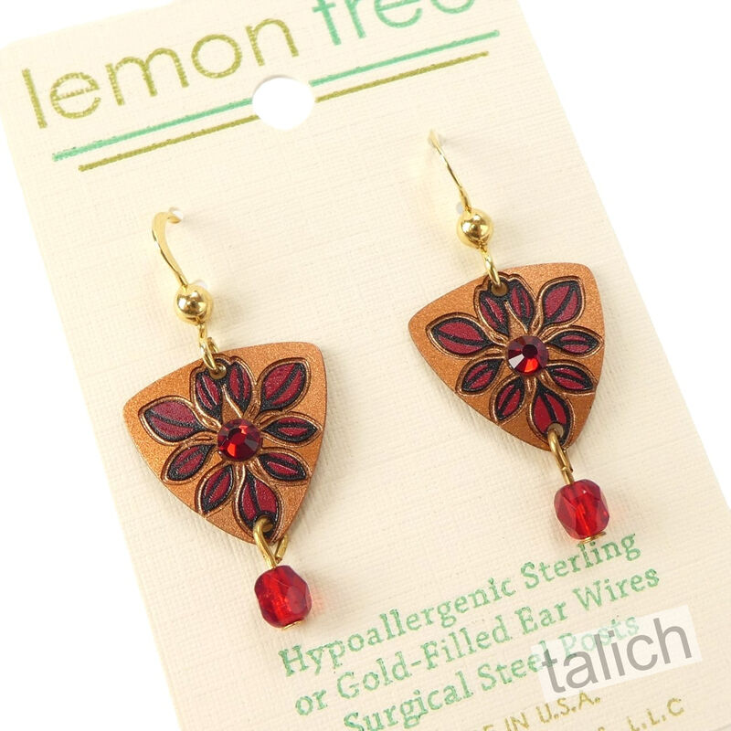 Lemon Tree - Winter Berry Etched Brass Earrings with Faceted Red Bead - product image 