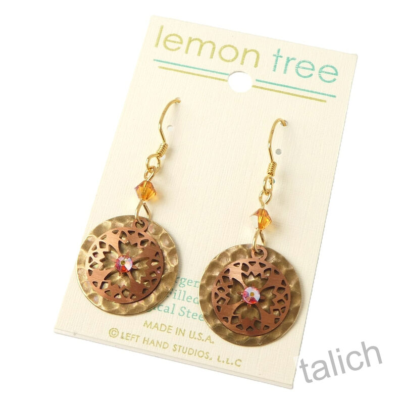 Lemon Tree - Hammered Brass Disc with Copper Cutout Accent Earrings - product image 