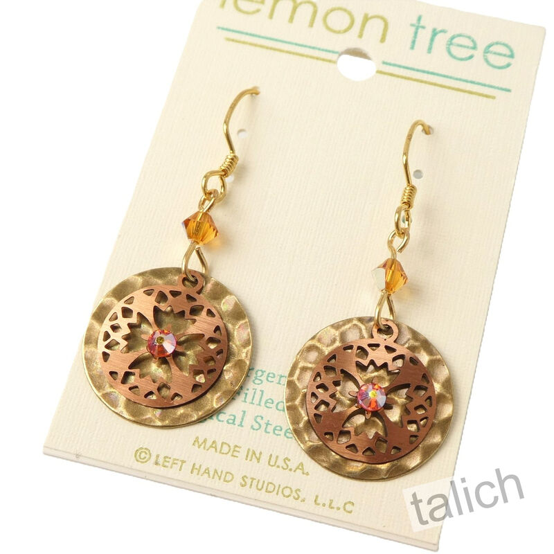 Lemon Tree - Hammered Brass Disc with Copper Cutout Accent Earrings - product image 