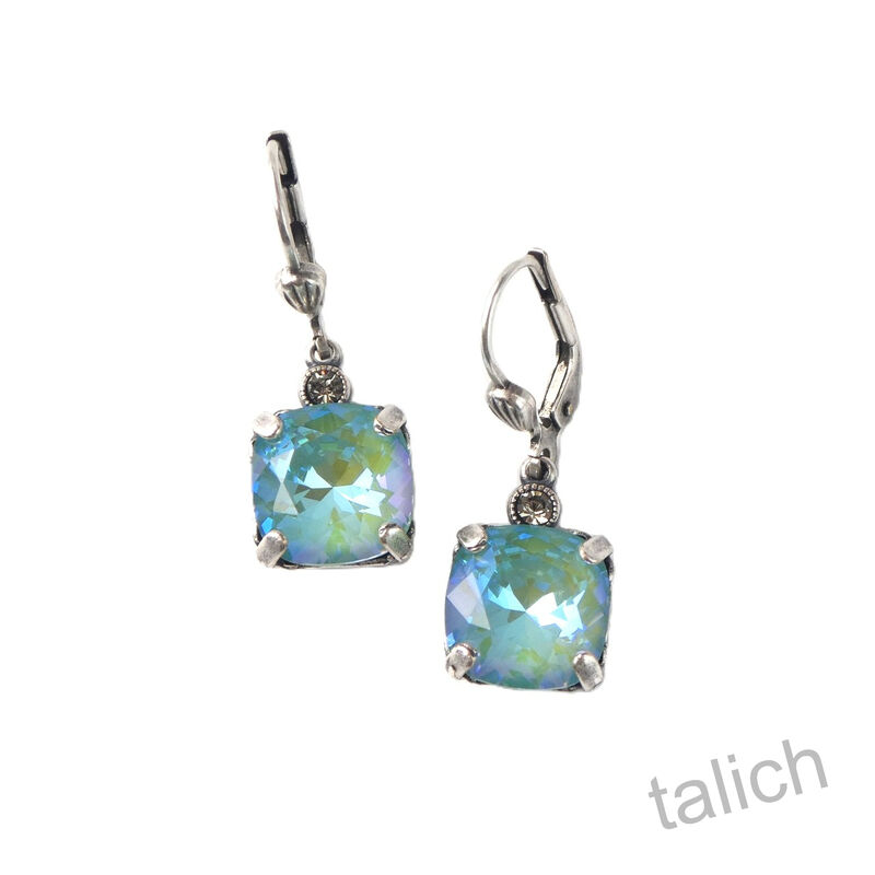 Catherine Popesco Antique Silver Square Swarovski Crystals Drop Earrings in Sage - product image 