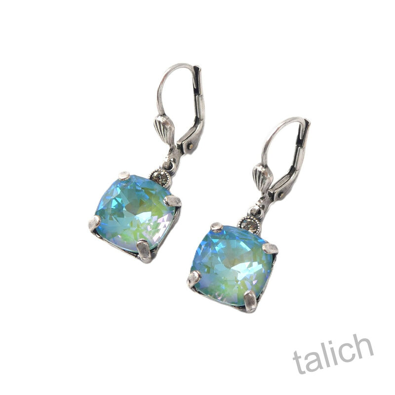 Catherine Popesco Antique Silver Square Swarovski Crystals Drop Earrings in Sage - product image 