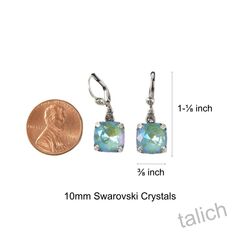 Catherine Popesco Antique Silver Square Swarovski Crystals Drop Earrings in Sage - product images 4 of 4